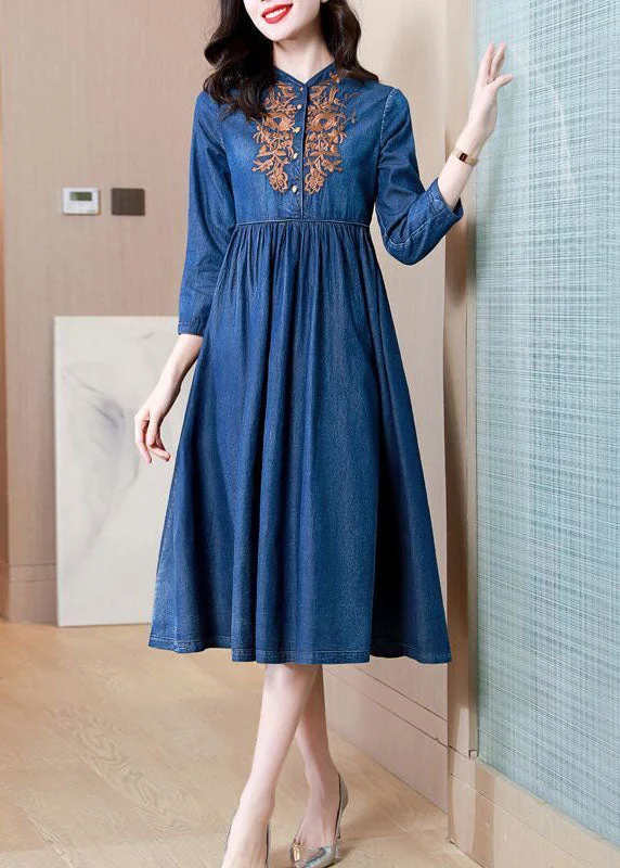 Vintage Blue Embroideried Exra Large Hem Cotton Denim Dress Bracelet Sleeve AC2004 Cool Denim Skirt