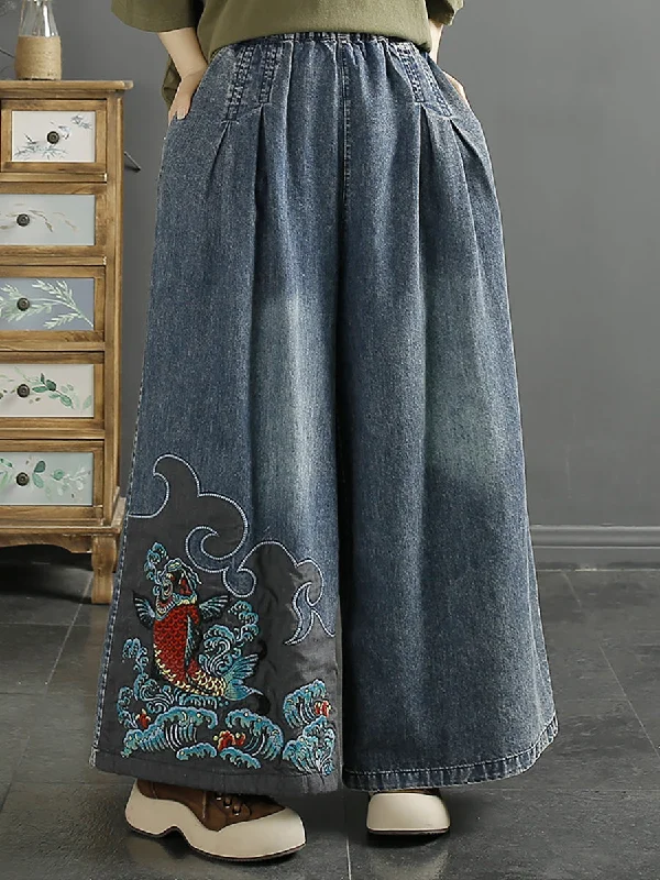 Women Summer Vintage Koi Embroidery Wide-leg Denim Pants CO1049 Fitted Denim Skirt