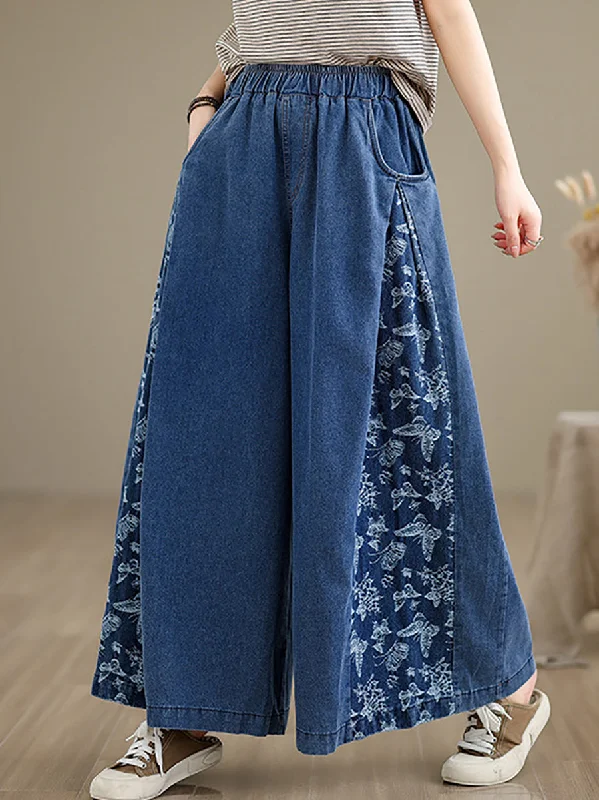 Women Vintage Summer Butterfly Spliced Wide-leg Denim Pants CO1030 Front Button Denim