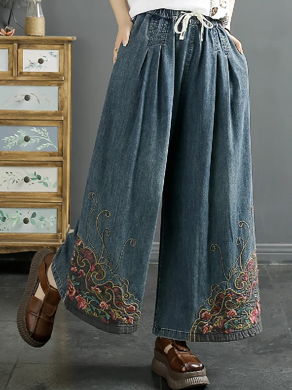 Women Vintage Summer Embroidery Wide-leg Denim Pants CO1050 Maxi Denim Skirt