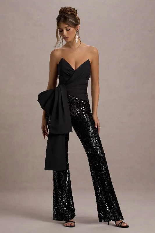 Bianco | Black Sequin Strapless Flared-Leg Jumpsuit With Drape Elegant Sequin Gown