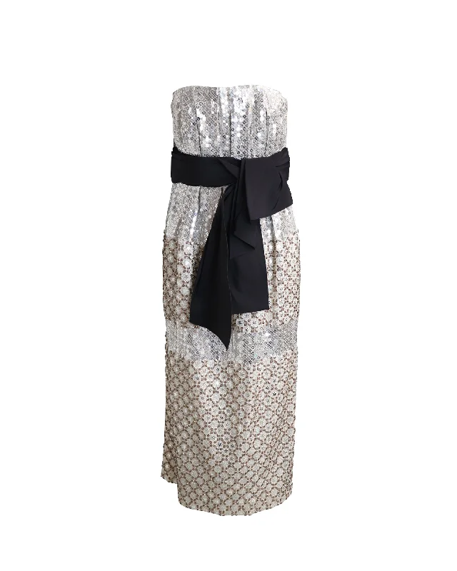 Carolina Herrera Sequin Beaded Strapless Tie-Waist Sheath Dress in Multicolor Silk Sequin Dress Midi