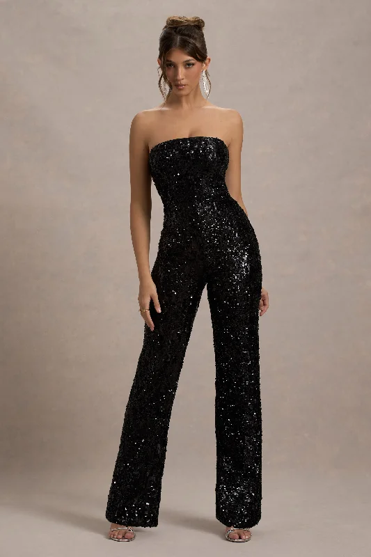 Elation | Black Sequin Strapless Flared-Leg Jumpsuit Sequin Dress Casual