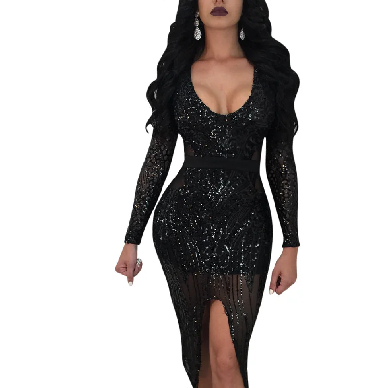 Irregular Sequins Long Sleeves Deep V-neck Knee-length Split Dress Sequin Dress Fit