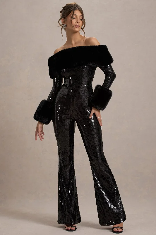 Lunar | Black Sequin Bardot Flared-Leg Jumpsuit With Fur High Neck Sequin