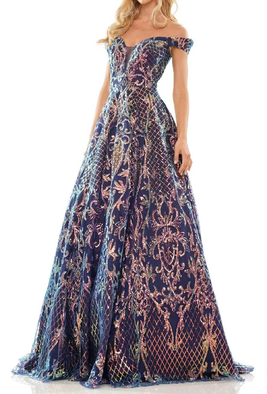 Off-Shoulder Sequined Evening Dress In Navy Satin Sequin Dress