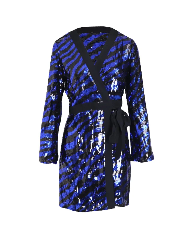 Rixo Striped Wrap Dress in Blue and Black Sequin Glam Sequin Dress