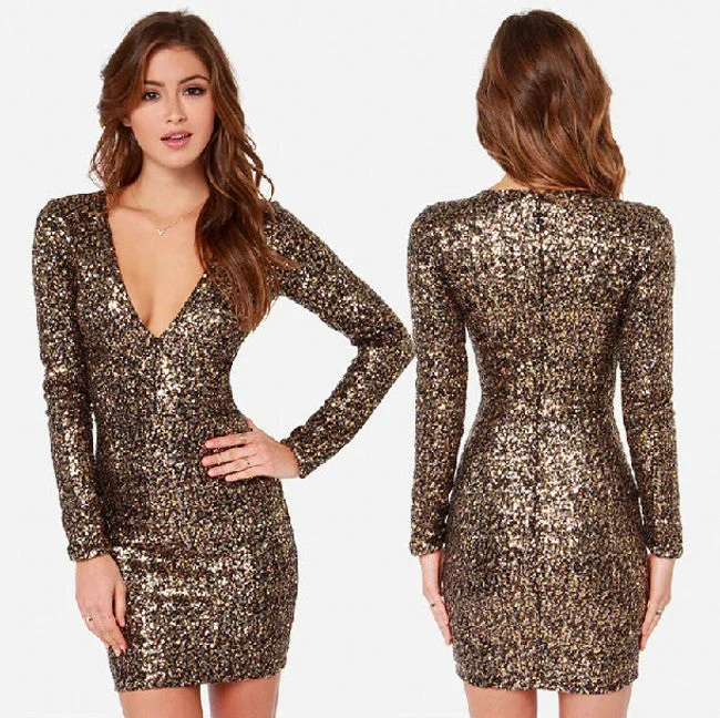 Sequins Deep V-neck Long Sleeves Short Dress Bright Sequin Dress