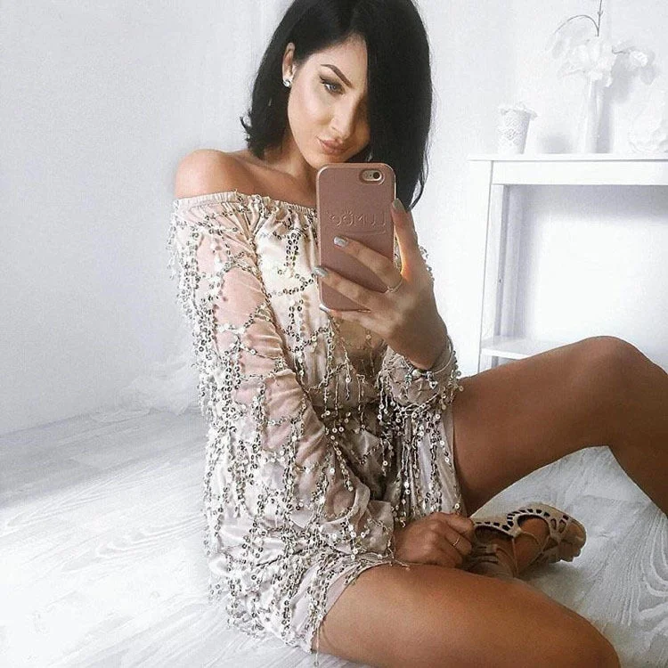 Sequins Off Shoulder Long Sleeves Short Dress Shimmer Sequin Dress