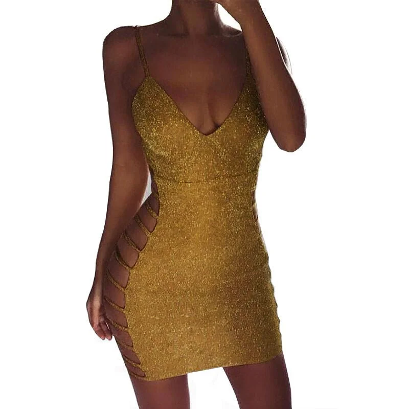 Shinning Sequins Spaghetti Straps Bandage Straps Hollow Out Women Short Dress Sequin Cocktail Gown