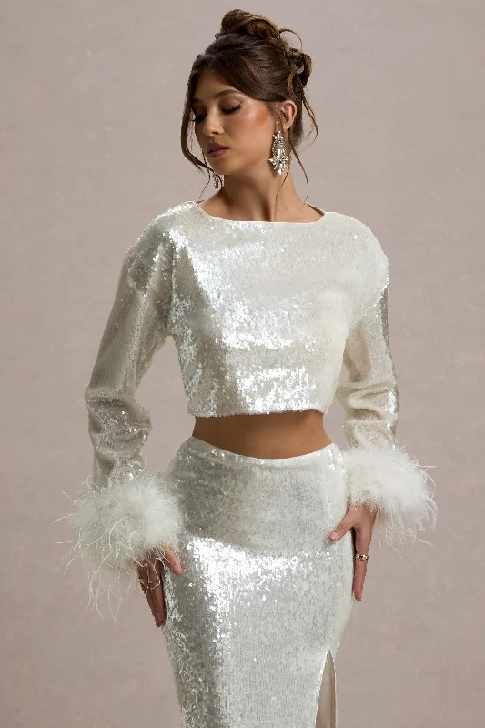 Solita | Sand Sequin Long-Sleeve Crop Top With Feather Trim Sequin Maxi Dress