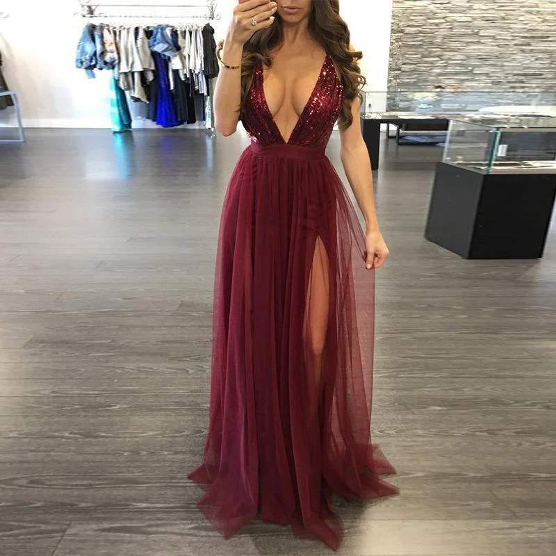 Spaghetti Straps Deep V-neck Sequins Back Cross Straps Women Long Patchwork Split High Waist Chiffon Dress Sequin Gown Party