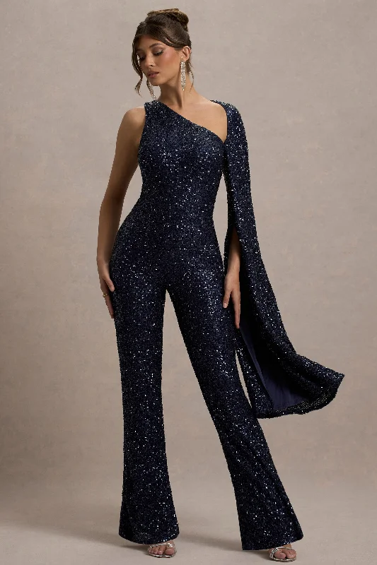 Star Seeker | Navy Sequin One-Shoulder Cape Sleeve Jumpsuit Sequin Dress Party