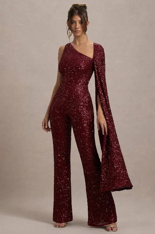 Star Seeker | Port Sequin One-Shoulder Cape Sleeve Jumpsuit Party Wear Sequin