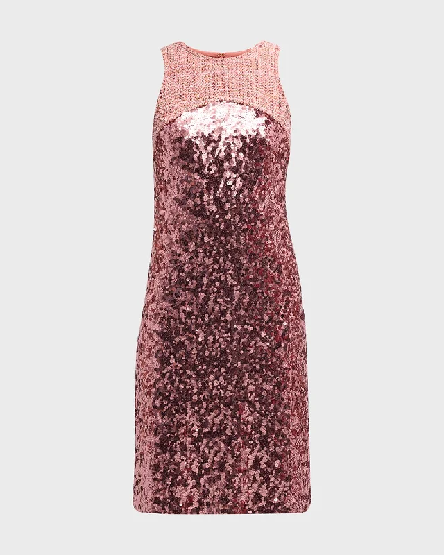 Tweed-Yoke Sleeveless Sequin Dress Sequin Wrap Dress