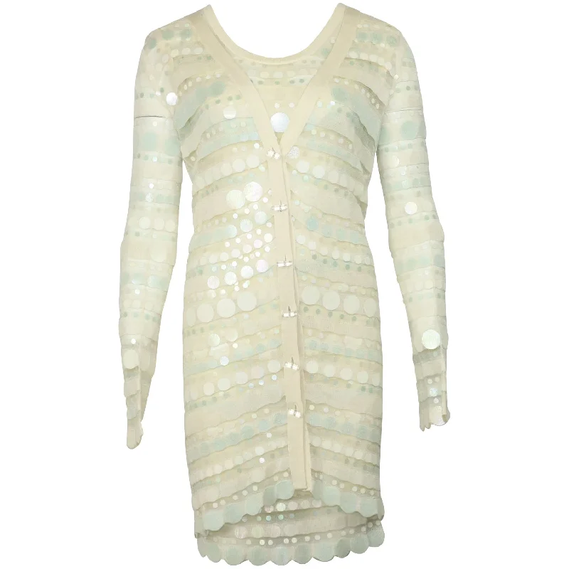 Zac Posen Sequined Cardigan with Dress in Cream Silk Sequin Shift Gown