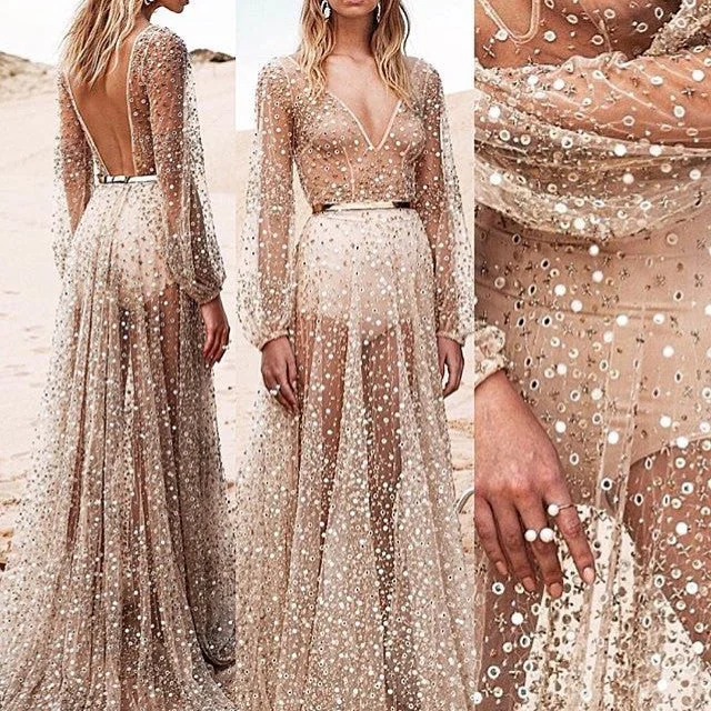 Elegant Mesh Sequins Slim Long Dress Colorful Sequin Dress