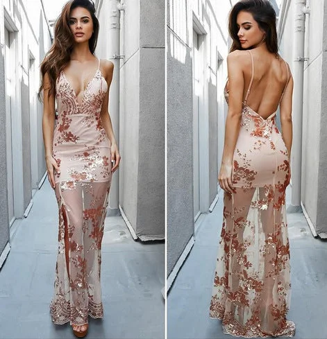 Sexy Backless Sequins Spaghetti Strap Long Dress Elegant Sequin Dress