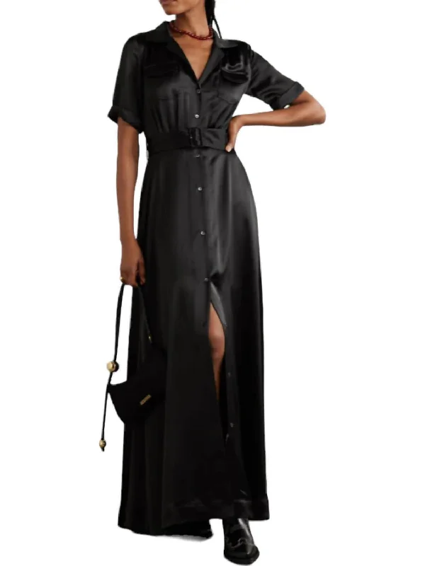 Millie Belted Long Shirt Dress In Black Button Front Shirt